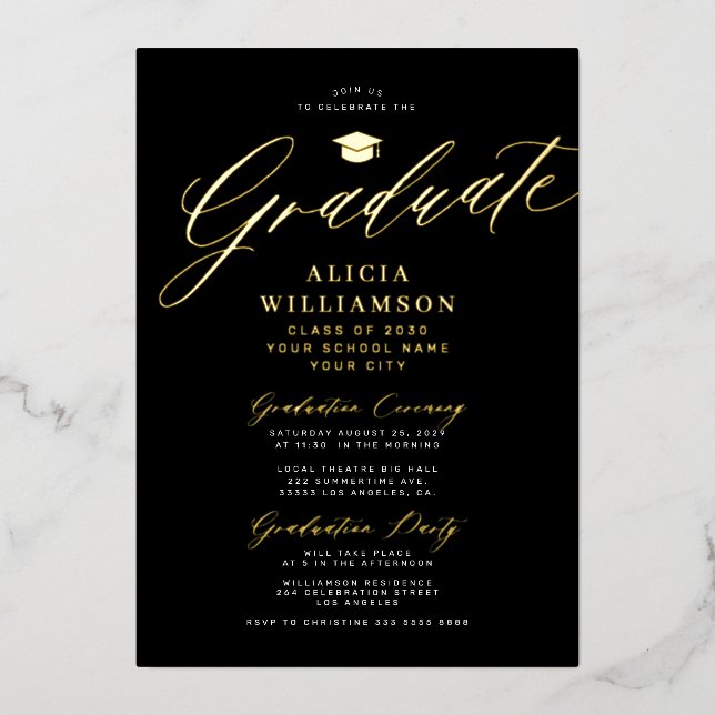 Elegant gold black classic script photo graduation foil invitation (Front)
