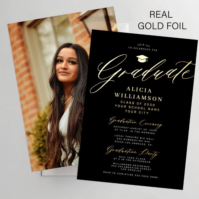 Elegant gold black classic script photo graduation foil invitation (Creator Uploaded)