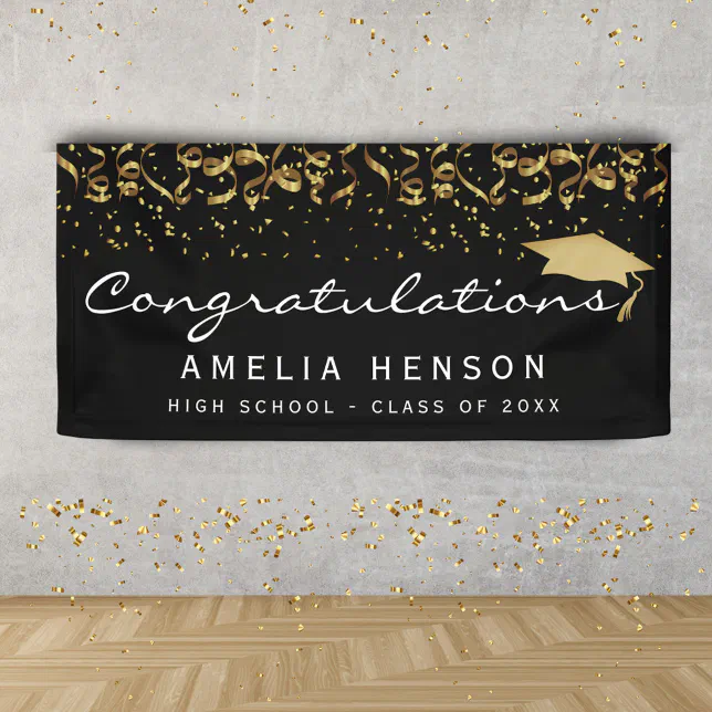 Elegant Gold Black Confetti Graduate Party Sign | Zazzle