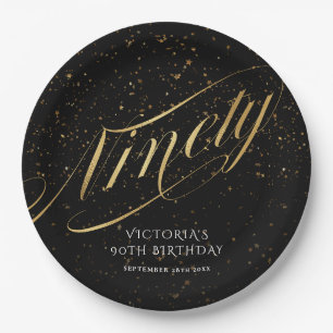 Elegant Gold Black Confetti Ninety 90th Birthday Paper Plates