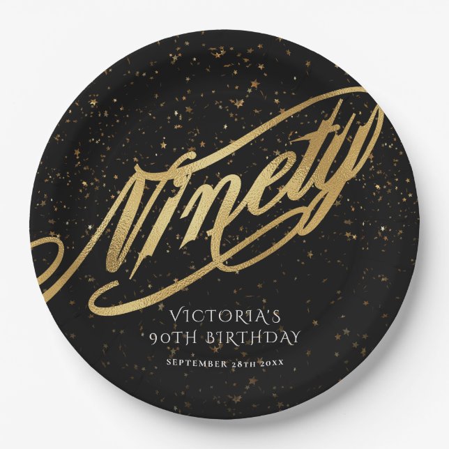 Elegant Gold Black Confetti Ninety 90th Birthday  Paper Plates (Front)