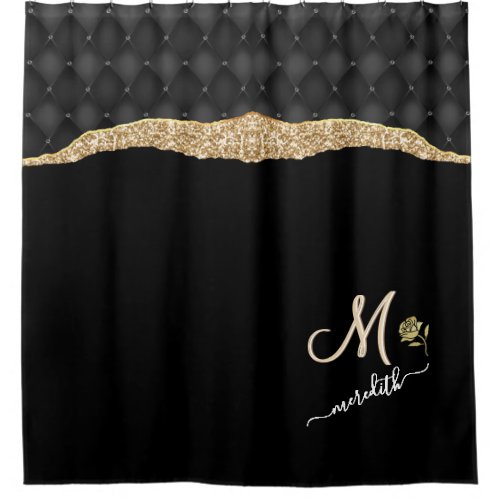 Elegant Gold Black  Custom Monogram Name Rose  Shower Curtain