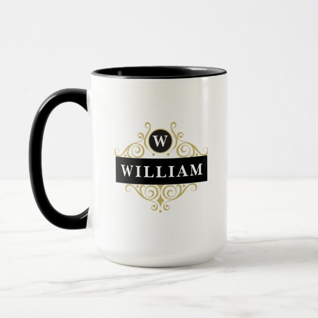 Elegant Gold Black Customizable Monogram Mug (Left)