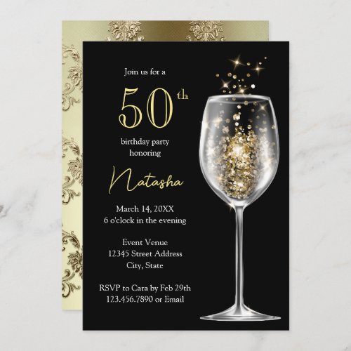 Elegant Gold Black Damask 50th Birthday Party Invitation