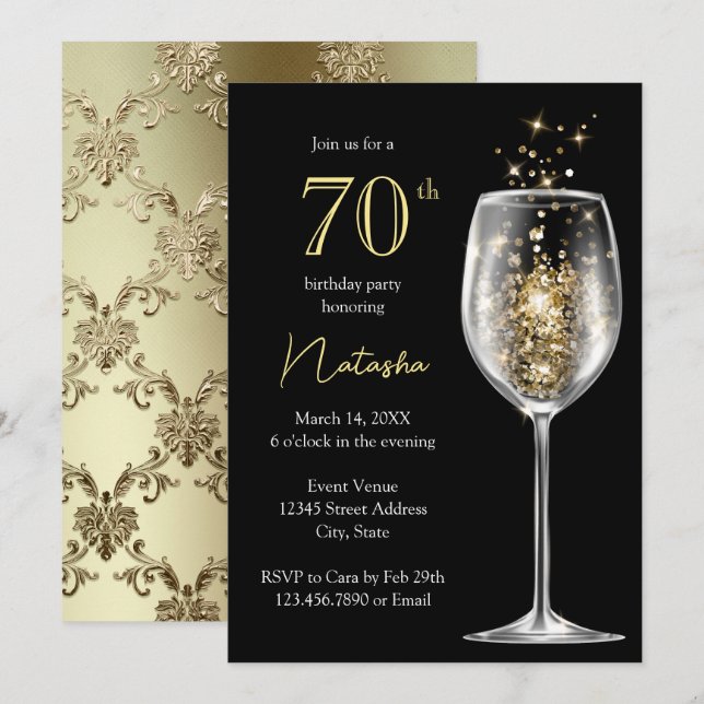 Elegant Gold Black Damask 70th Birthday Party Invitation (Front/Back)