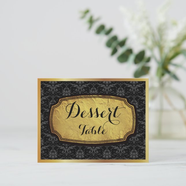 Elegant Gold Black Damask Dessert Table Sign Postcard (Standing Front)