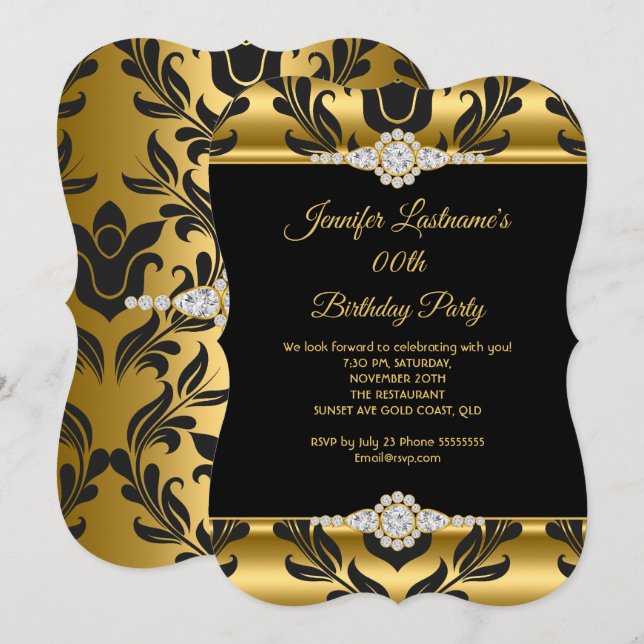 Elegant Gold Black Damask Diamond Birthday Party Invitation (Front/Back)