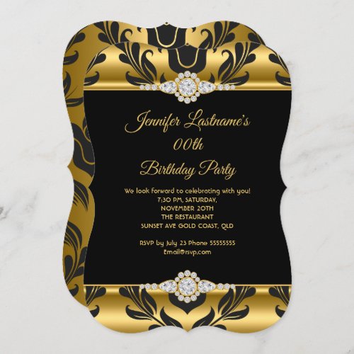 Elegant Gold Black Damask Diamond Birthday Party Invitation