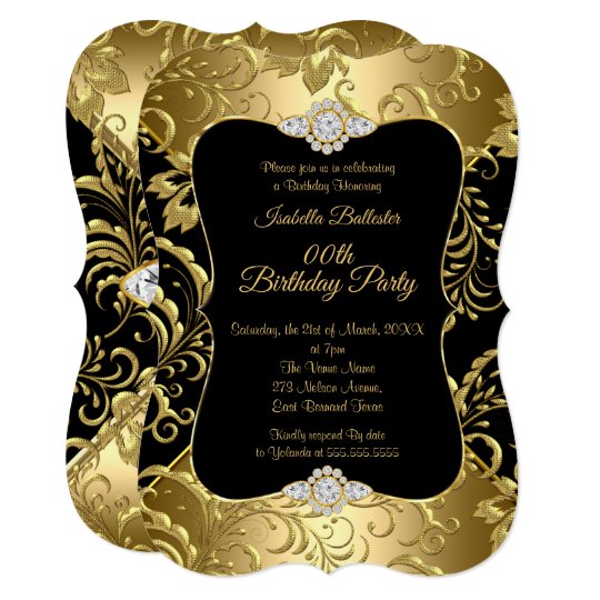 Elegant Gold Black Damask Floral Birthday Party Invitation 