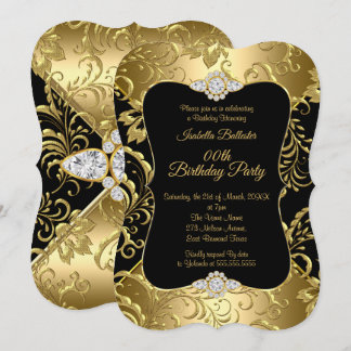 Elegant Gold Black Damask floral Birthday Party Invitation