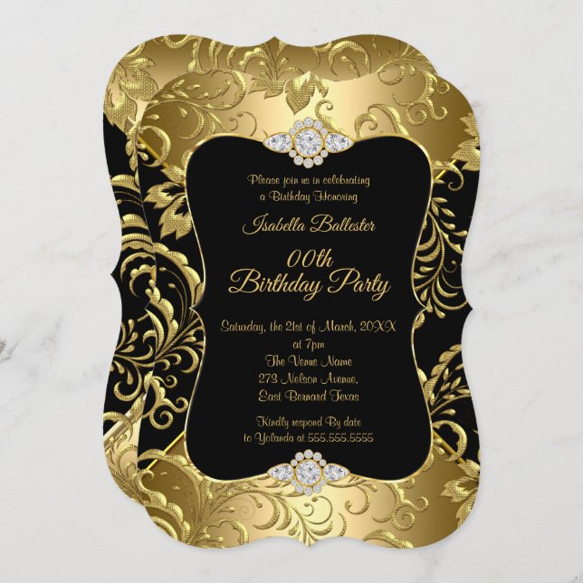 Elegant Gold Black Damask floral Birthday Party Invitation (Front/Back)