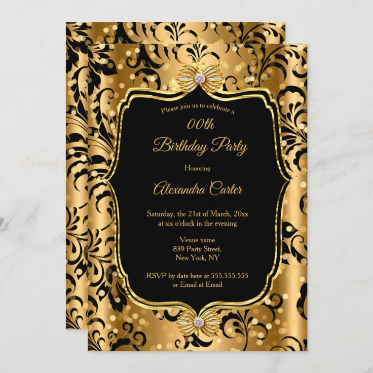 Elegant Gold Black Damask Jewel Bow Birthday Invitation | Zazzle