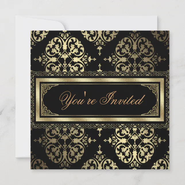 Elegant Gold Black Damask Party Invitations | Zazzle