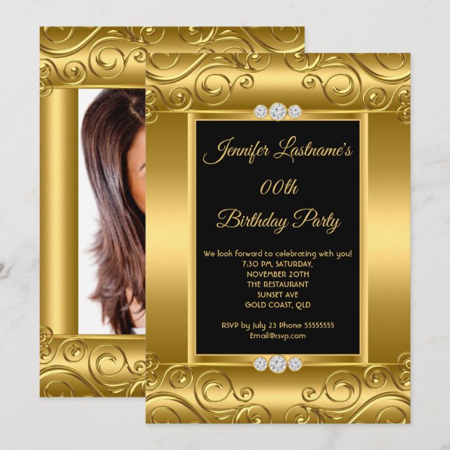 Elegant Gold Black Damask Photo Birthday Party Invitation (Front/Back)