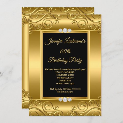 Elegant Gold Black Damask Photo Birthday Party Invitation