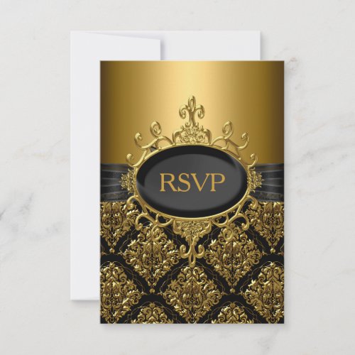 Elegant Gold  Black Damask RSVP Invitation