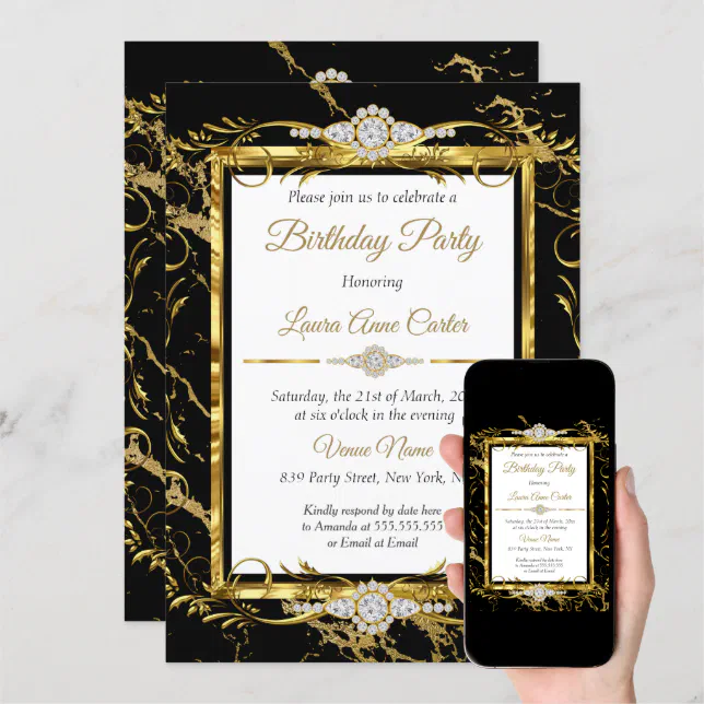 Elegant Gold Black Diamond Photo Birthday Party Invitation | Zazzle