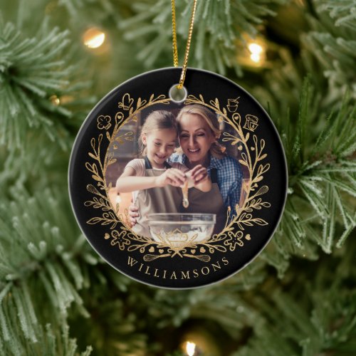 Elegant Gold  Black family Baking Photo Wreath Ceramic Ornament