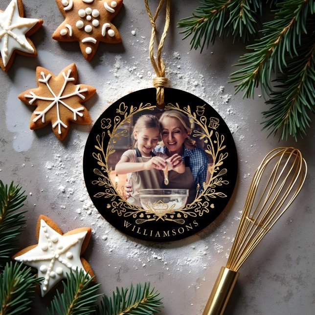 Elegant Gold & Black family Baking Photo Wreath Ceramic Ornament (Elegant Gold & Black family Baking Photo Wreath Ceramic Ornament)