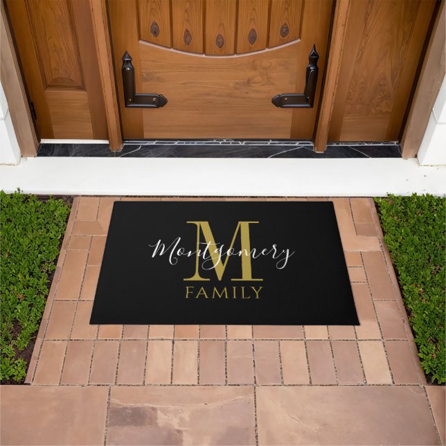 Elegant Gold Black Family Name Monogram  Doormat (Outdoor)