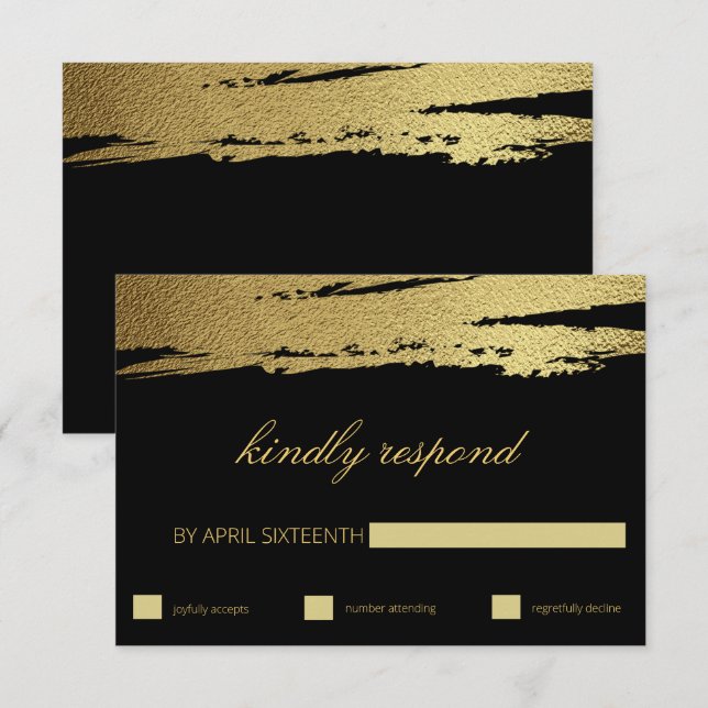 Elegant Gold & Black Faux Foil Brush Stroke RSVP Card (Front/Back)
