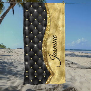Elegant gold black faux rhinestone monogram beach towel