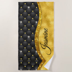 Elegant gold black faux rhinestone monogram beach towel