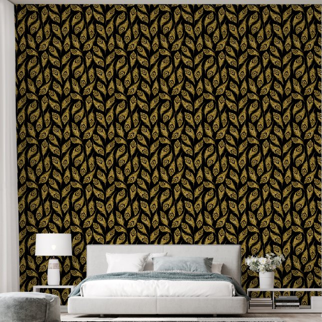 Elegant gold black feather pattern wallpaper  (Bedroom)