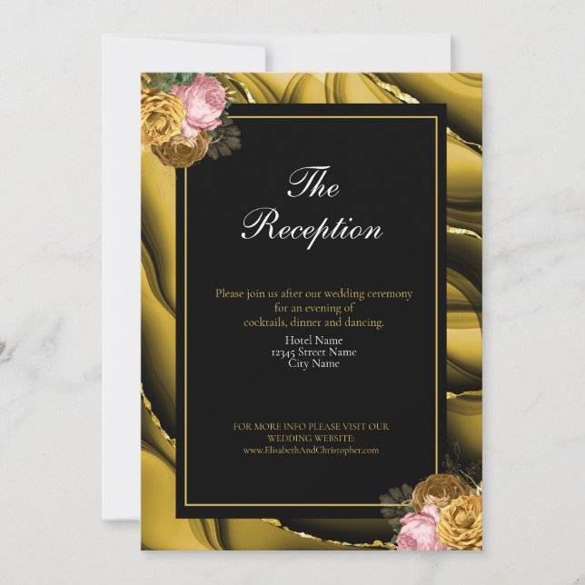 Elegant Gold Black Floral Agate Wedding Reception Invitation (Front)