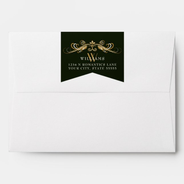 Elegant Gold Black Floral Chic Library Wedding Envelope (Back (Top Flap))