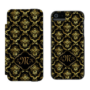 Elegant Gold & Black Floral Damasks Wallet Case For iPhone SE/5/5s
