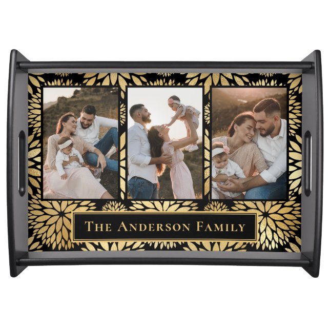 Elegant Gold Black Floral Family Photo Collage Serving Tray (Front)