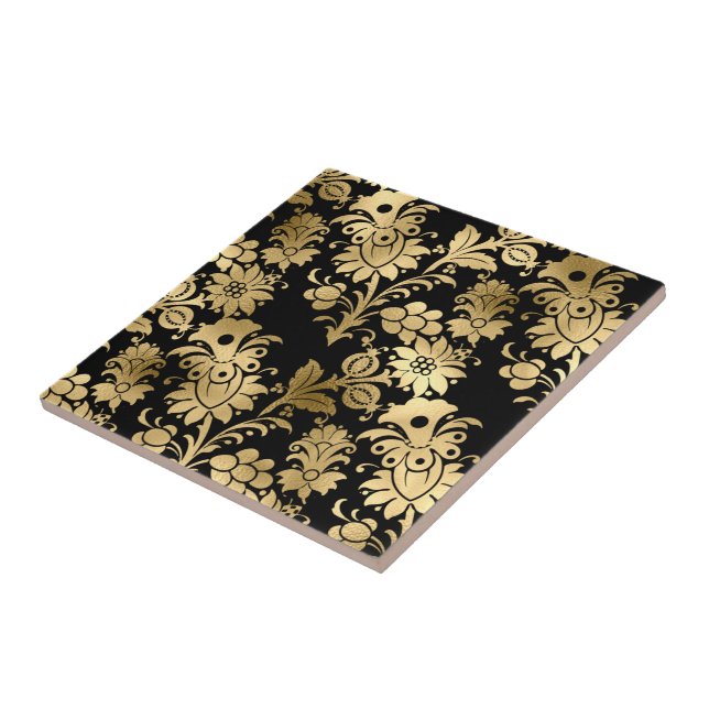 Elegant Gold Black Floral Glam  Ceramic Tile (Side)