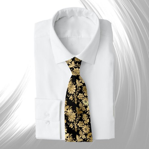 Elegant Gold Black Floral Glam Neck Tie