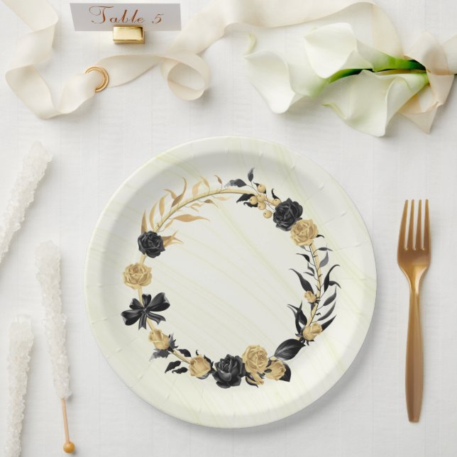 elegant gold & black floral paper plates (Wedding)