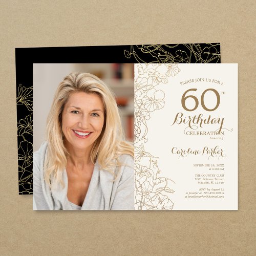 Elegant Gold Black Floral Photo 60th Birthday Invitation