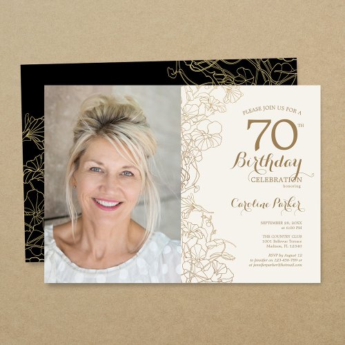 Elegant Gold Black Floral Photo 70th Birthday Invitation