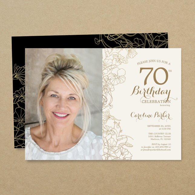 Elegant Gold Black Floral Photo 70th Birthday Invitation (Creator Uploaded)