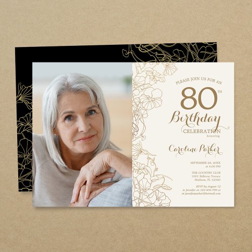 Elegant Gold Black Floral Photo 80th Birthday Invitation