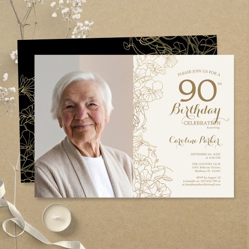 Elegant Gold Black Floral Photo 90th Birthday Invitation