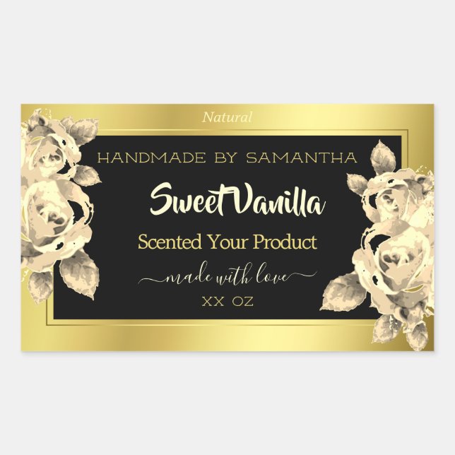 Elegant Gold Black Floral Product Packaging Labels (Front)
