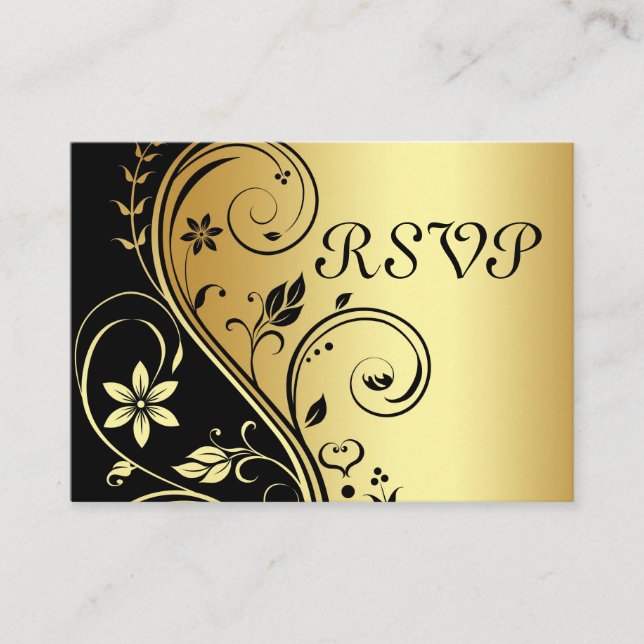 Elegant Gold & Black Floral Scroll  RSVP Card (Front)