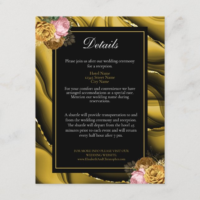 Elegant Gold Black Floral Wedding Details Enclosure Card (Front)