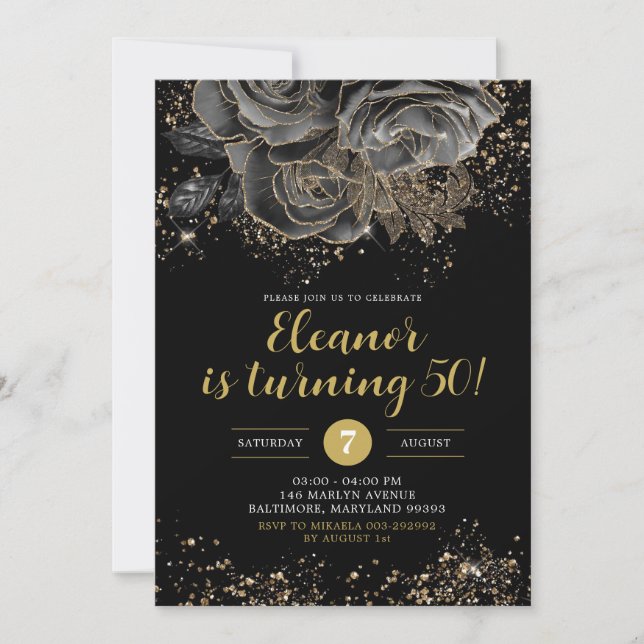 Elegant Gold Black Floral Woman Any Age Birthday  Invitation (Front)