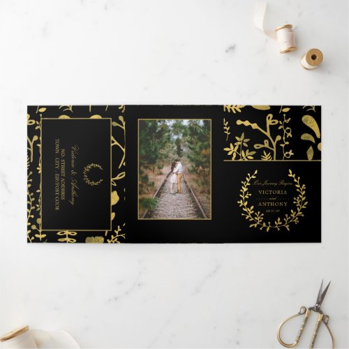 Elegant Gold  Black Floral Wreath Wedding Suite Tri_Fold Invitation