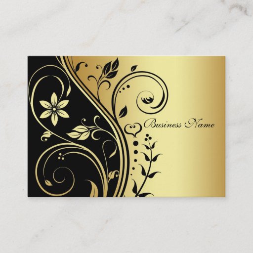 Customizable Elegant Gold &amp; Black Flower Scroll Business Card