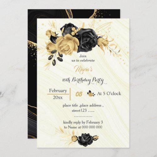 Elegant gold  black flowers birthday  invitation