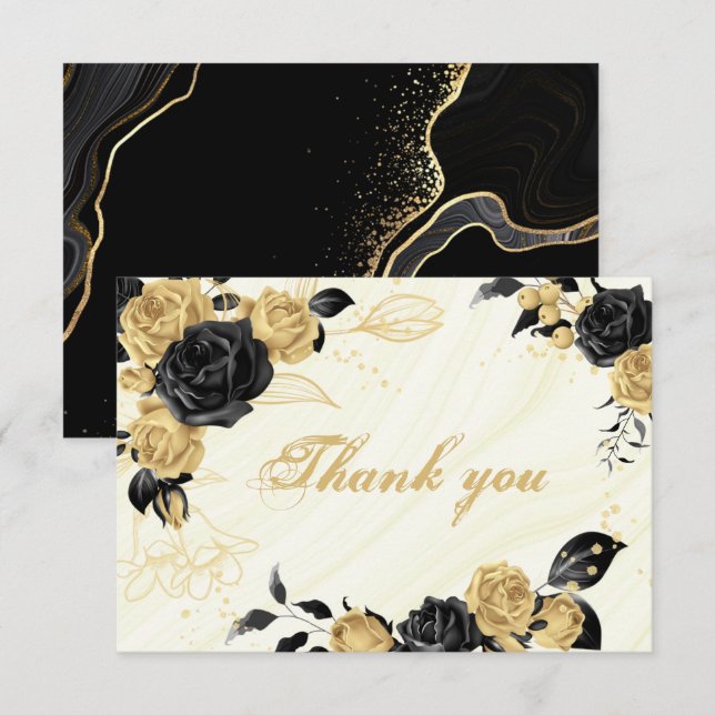 elegant gold & black flowers botanical thank you card (Front/Back)