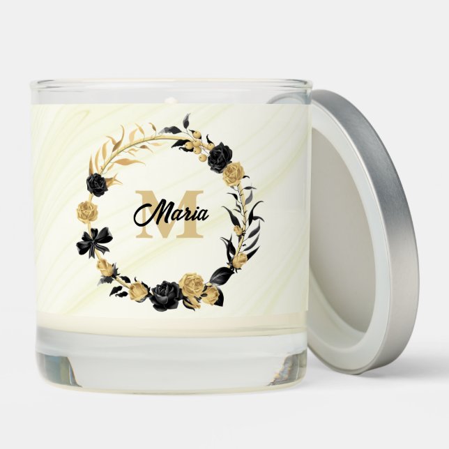 elegant gold & black flowers botanical wedding scented candle (Lid)