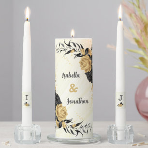 elegant gold & black flowers botanical wedding unity candle set